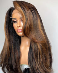 Emilia | Kinky Straight Highlight Brown HD Lace Glueless Wig