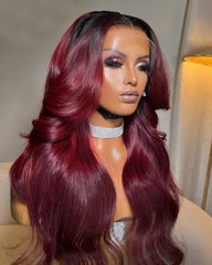 Julia | Perruque sans colle en cheveux humains avec lace frontale et closure HD bordeaux à racines foncées HD