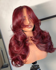 Ruby | Human Hair Burgundy Layers with Curtain Bangs Glueless Wig