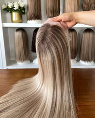 Perruque en dentelle blond vanille de qualité supérieure, cheveux européens.
