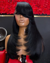 Yatavia | Layers Straight Human Hair 13x4 Frontal Side Part Bangs Wig