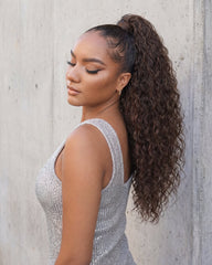 Water Wave Brown Human Hair Ponytail Extensions