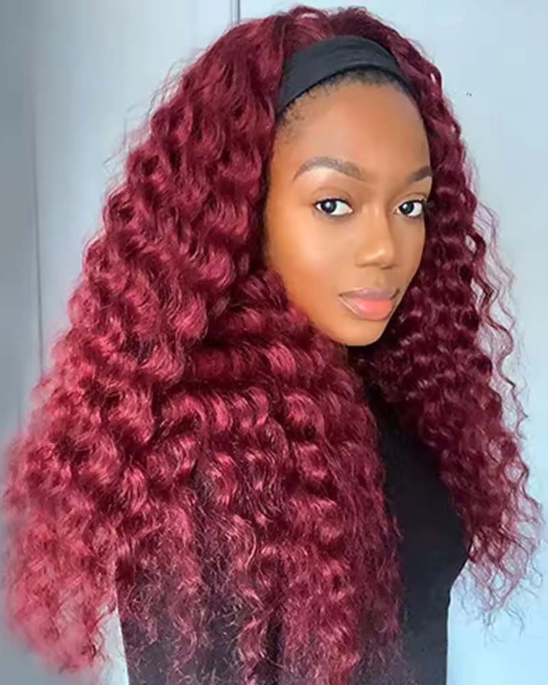 Kathy | Burgundy Curly Human Hair Headband Wig