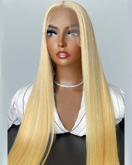 Lily | Perruque blonde #613 en cheveux raides 100 % faits main avec dentelle intégrale HD
