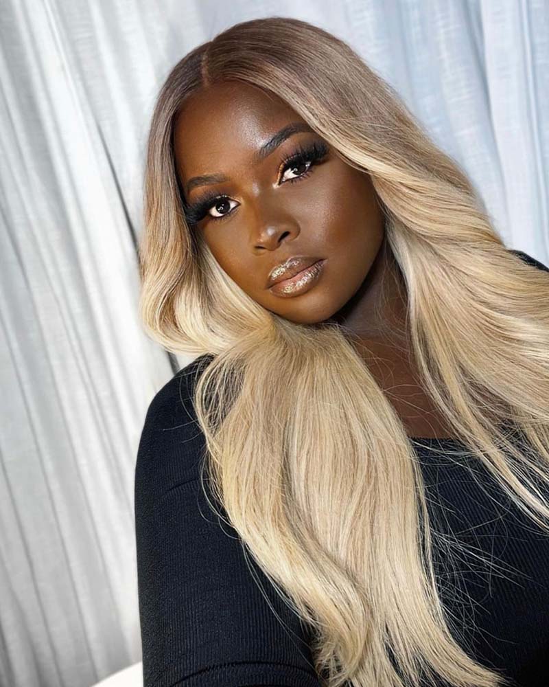 Kylie | Perruque en cheveux naturels blond vanille avec racines foncées, sans colle, avec dentelle HD