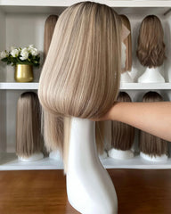 Perruque en dentelle blond vanille de qualité supérieure, cheveux européens.
