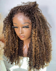 Latifa | Perruque hybride bouclée crépue avec mèches blondes miel