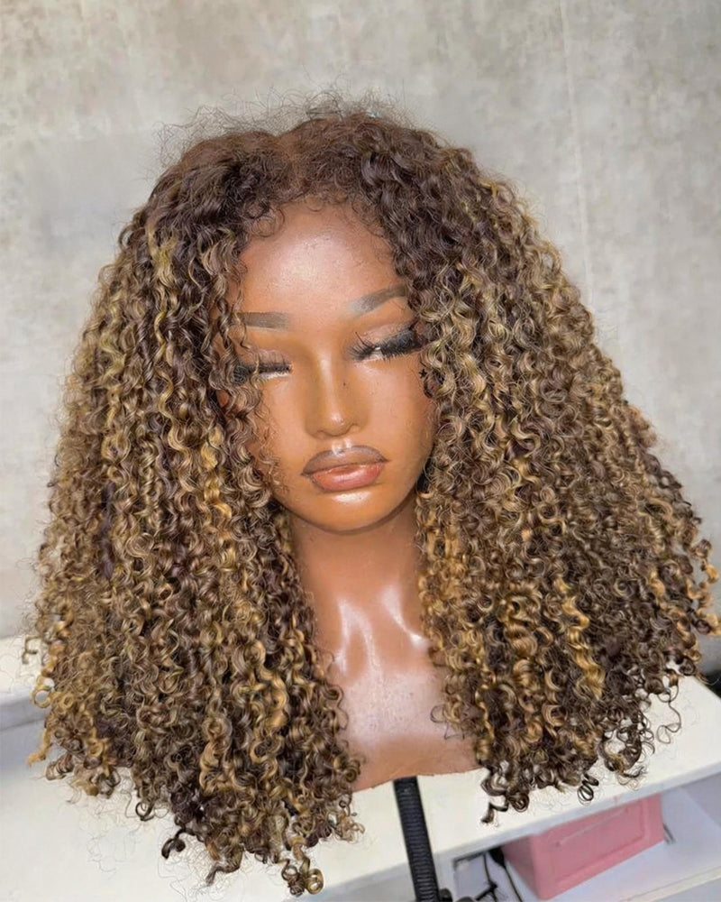 Latifa | Perruque hybride bouclée crépue avec mèches blondes miel