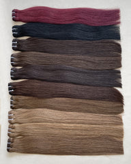 Mèches de cheveux bruts pré-colorés bruns et noirs
