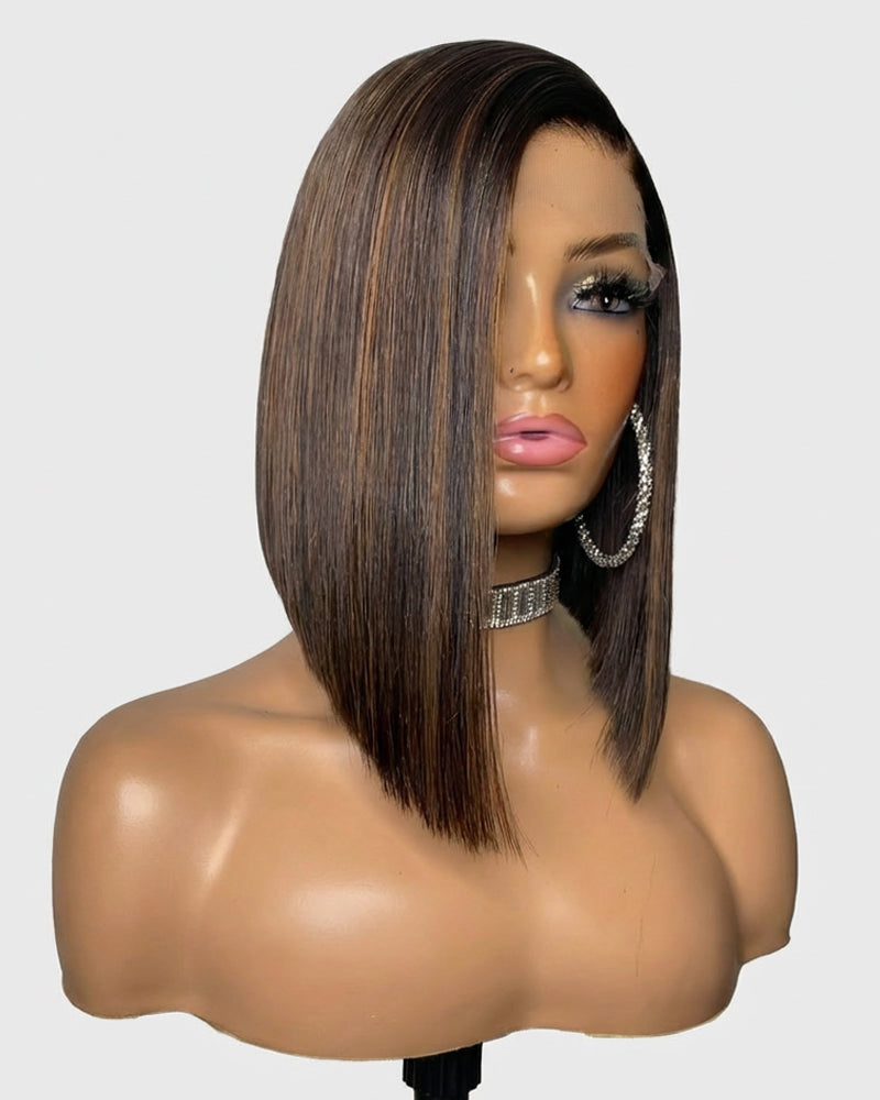 Bianca | Brown Highlight Side Part Asymmetrical Bob Glueless Wig
