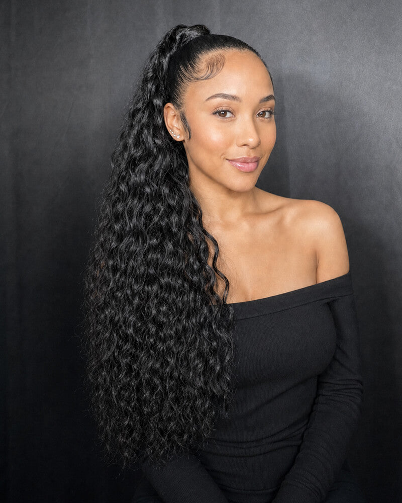 Water Wave Human Hair Drawstring/ Velcro Ponytail Extensions