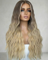 Rêve | Perruque ondulée ombrée blonde balayage avec mèche en dentelle