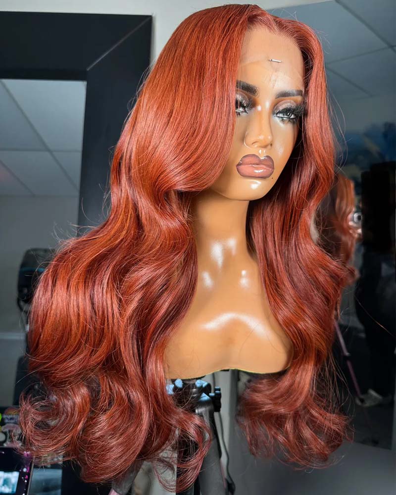 Cassandra | Perruque sans colle en cheveux humains avec lace frontale et closure HD couleur cuivrée auburn
